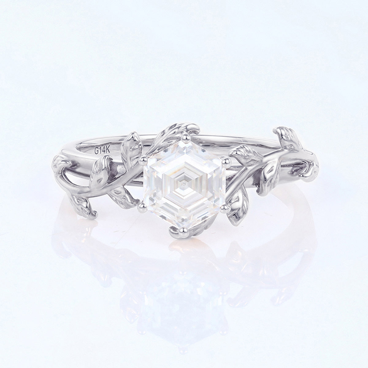 Nature Inspired Hexagon cut Moissanite Leaf Gold Engagement Ring