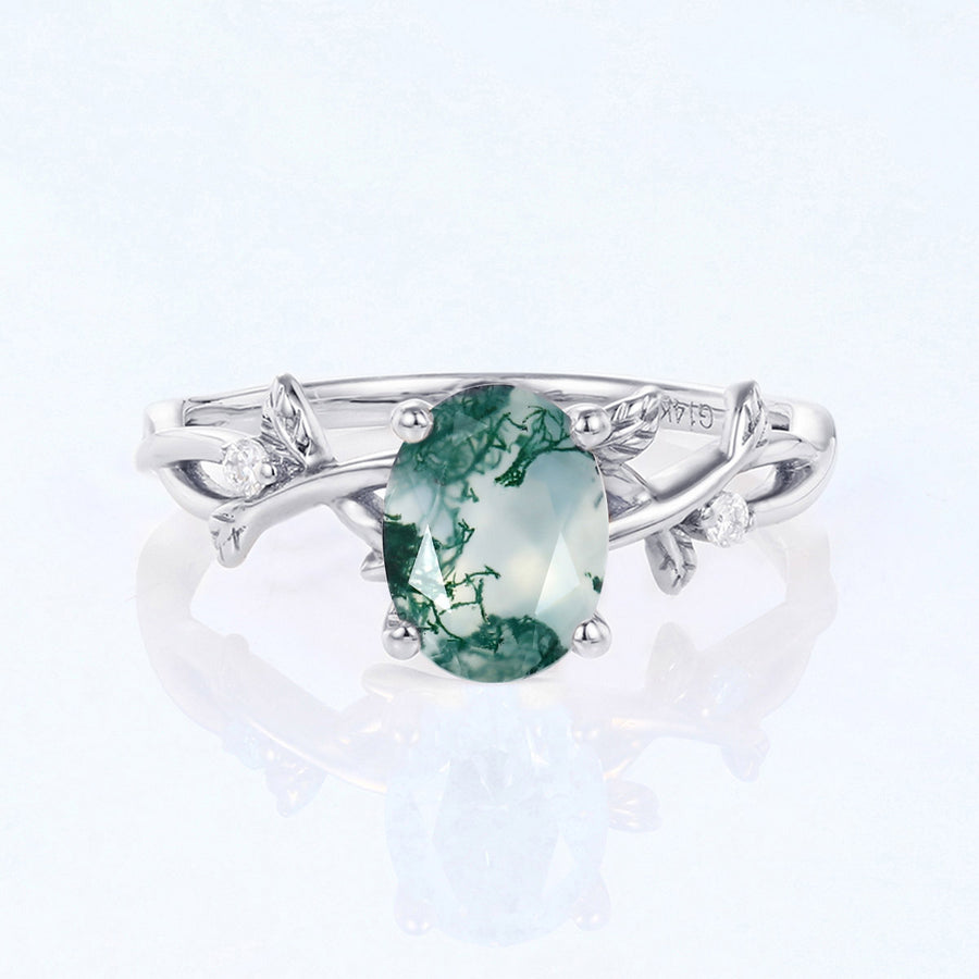 Nature Inspired Oval cut Moss Agate Leaf Gold Engagement Ring