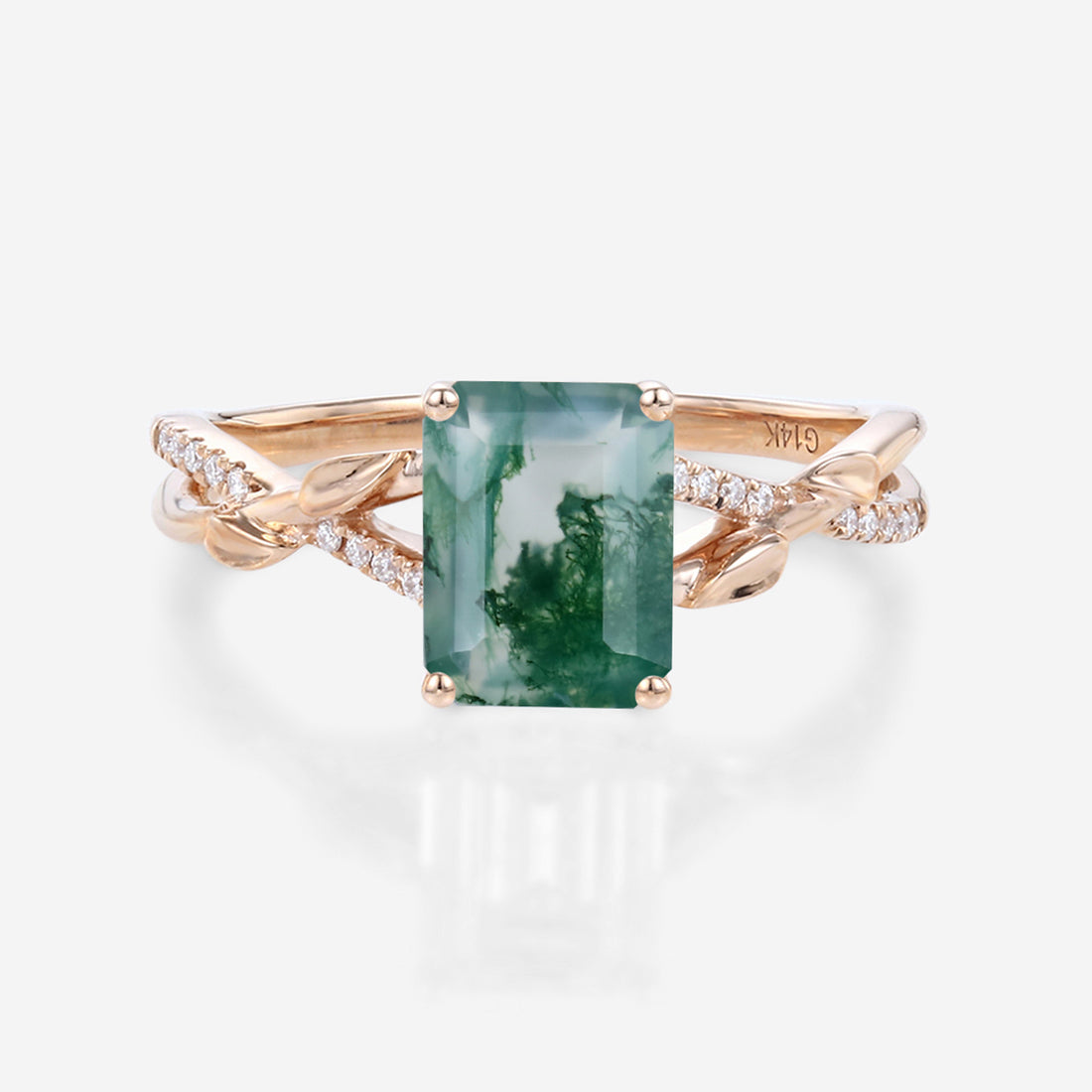 Nature Inspired Emerald cut Moss Agate Leaf Gold Engagement Ring