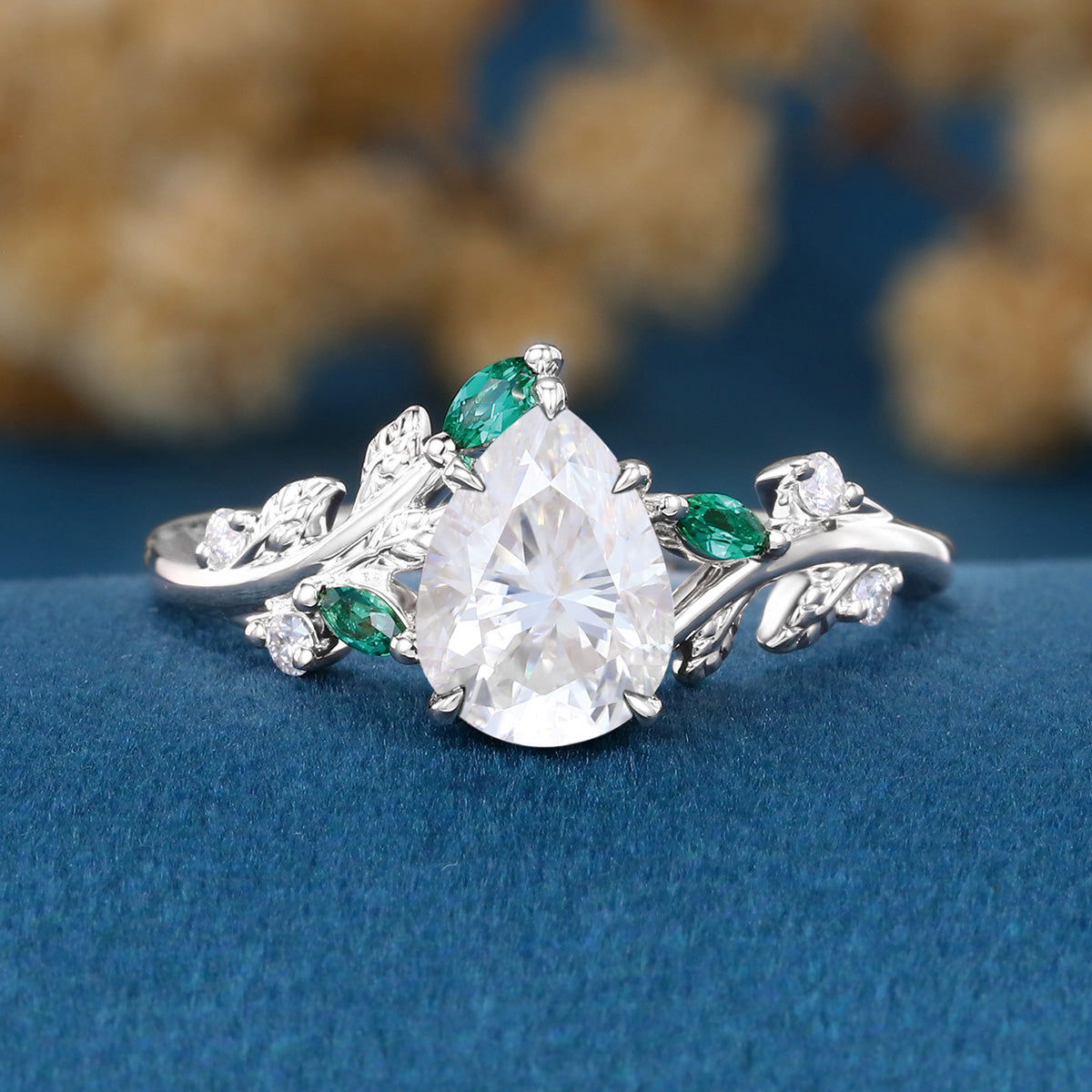 Pear cut Moissanite Engagement ring + Lab Emerald Engagement Ring