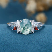 Natural Green Moss Agate Oval cut cluster Engagement Ring 