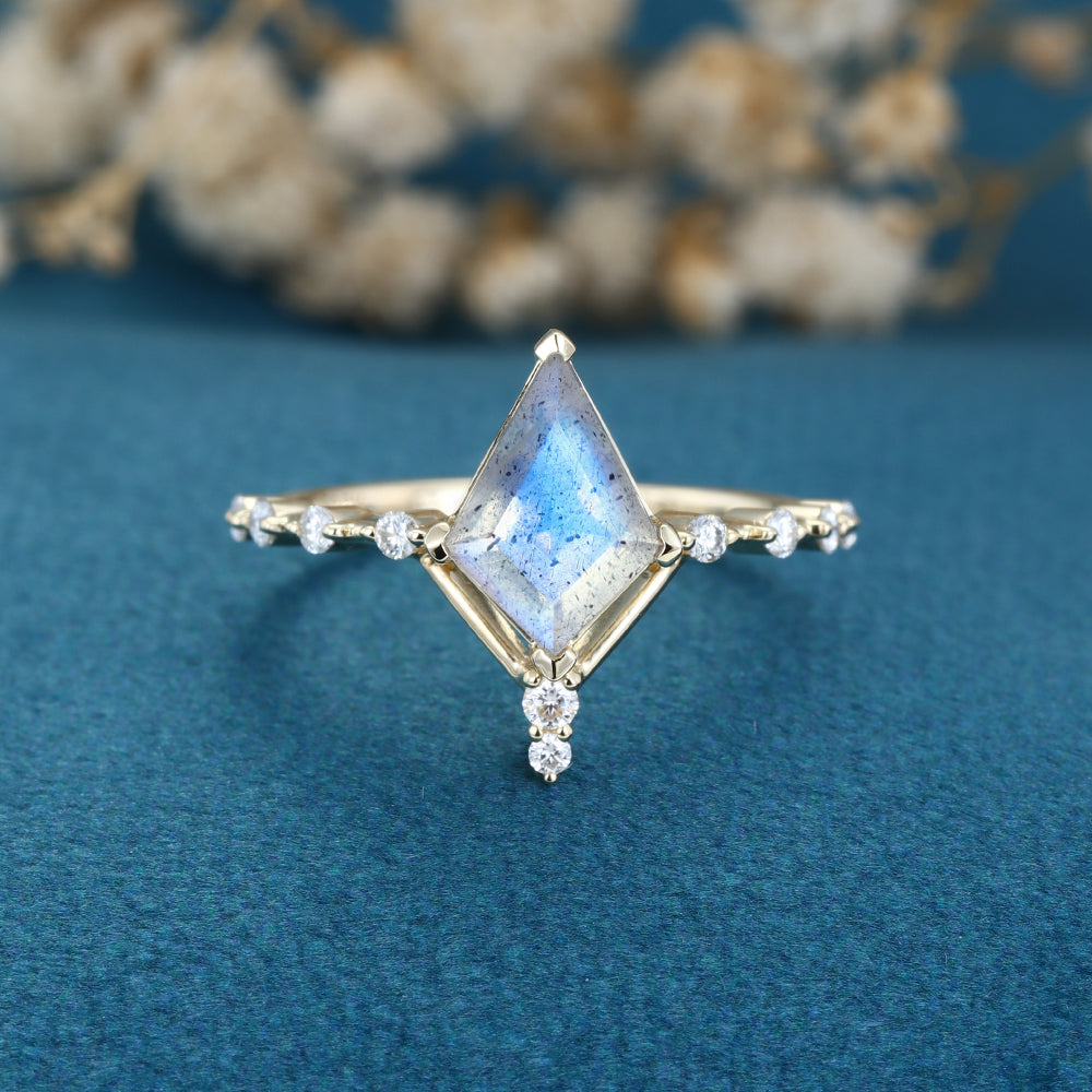 Kite Cut Labradorite Yellow Gold Engagement Ring