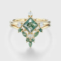 Princess Cut Moss Agate Bezel Engagement Ring Matching Curved Moss Agate  Wedding Bridal Set