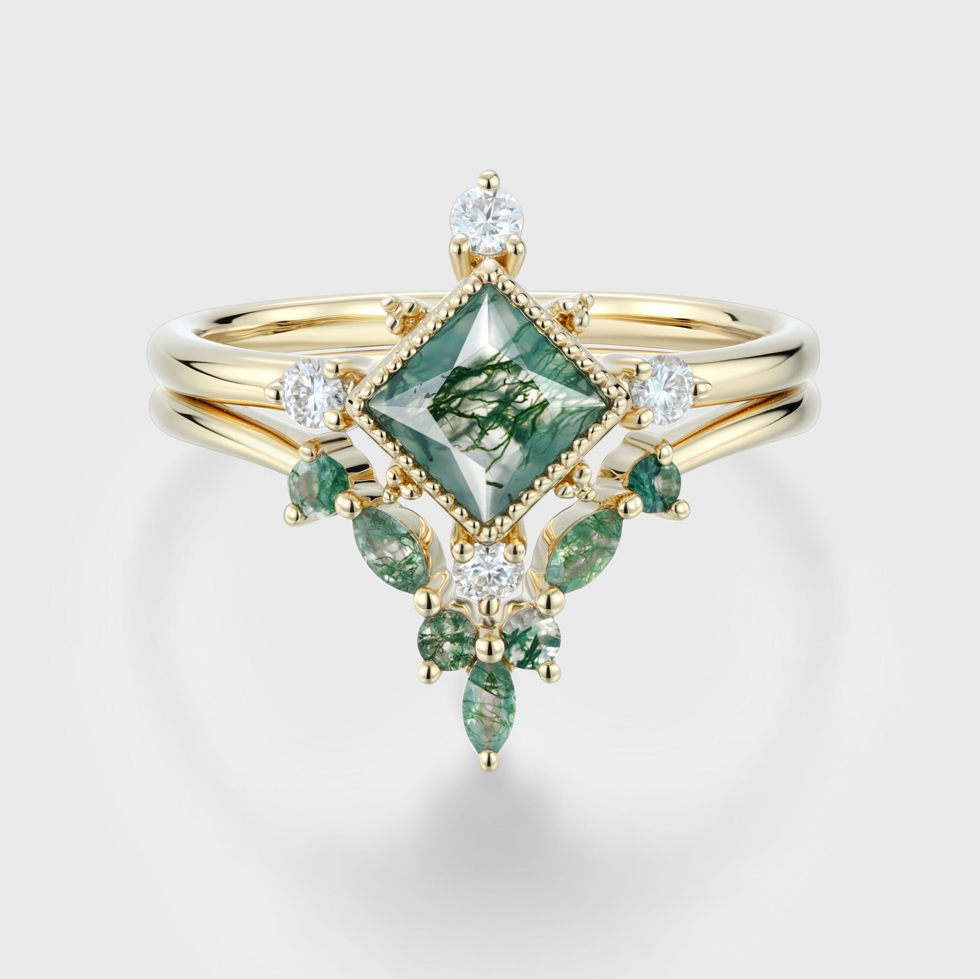 Princess Cut Moss Agate Bezel Engagement Ring Matching Curved Moss Agate  Wedding Bridal Set