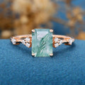 Emerald Cut Natural Green Moss Agate Cluster Engagement Ring 