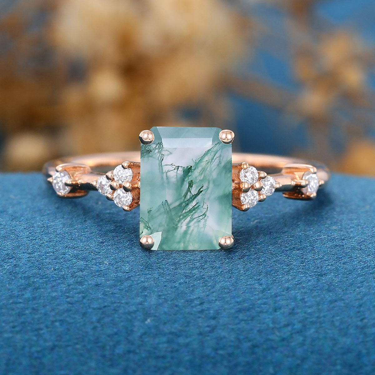 Emerald Cut Natural Green Moss Agate Cluster Engagement Ring 