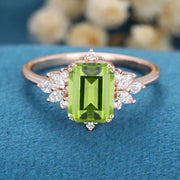 Emerald cut Olivine Cluster Engagement Ring 