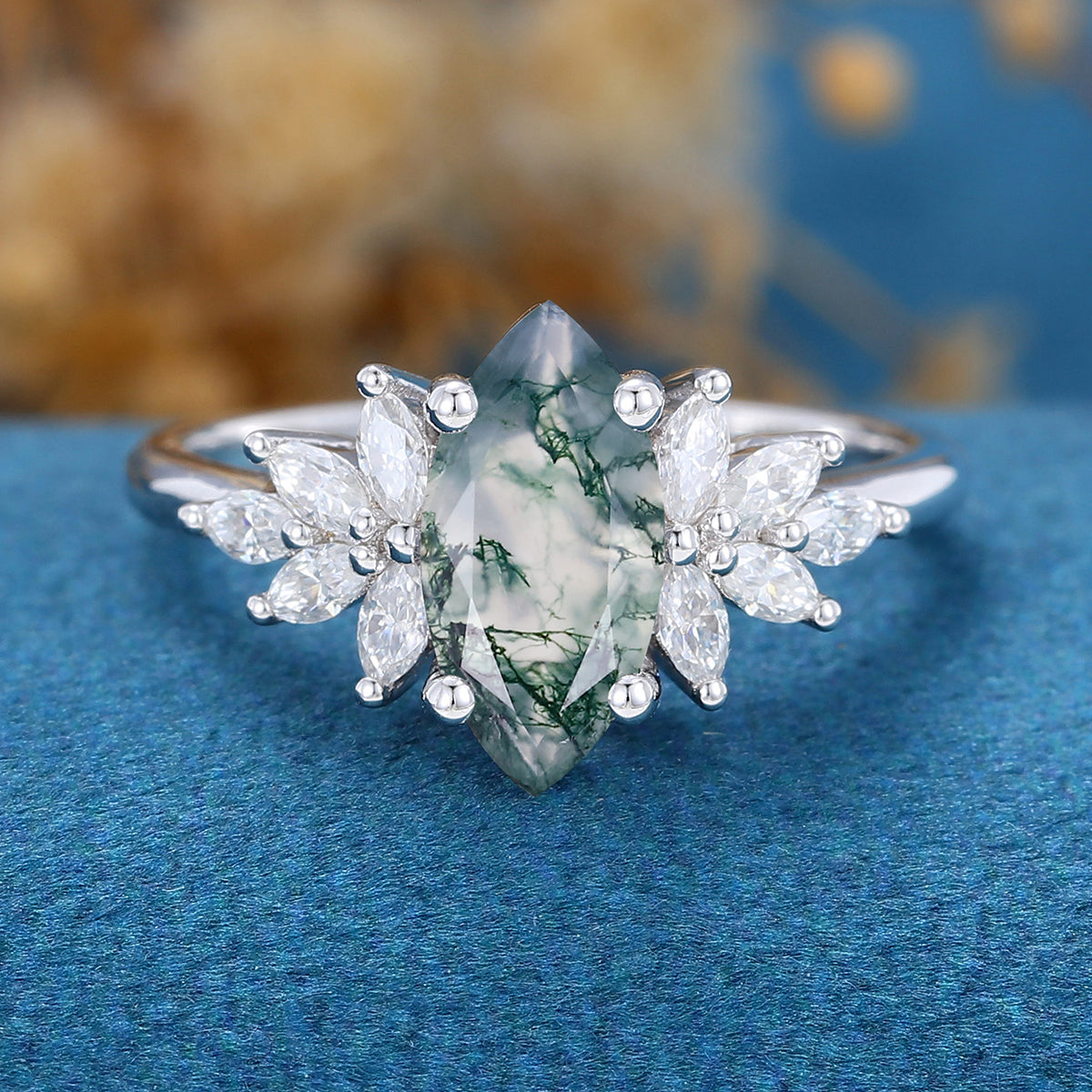 Marquise Cut Natural Green Moss Agate Cluster Engagement Ring 