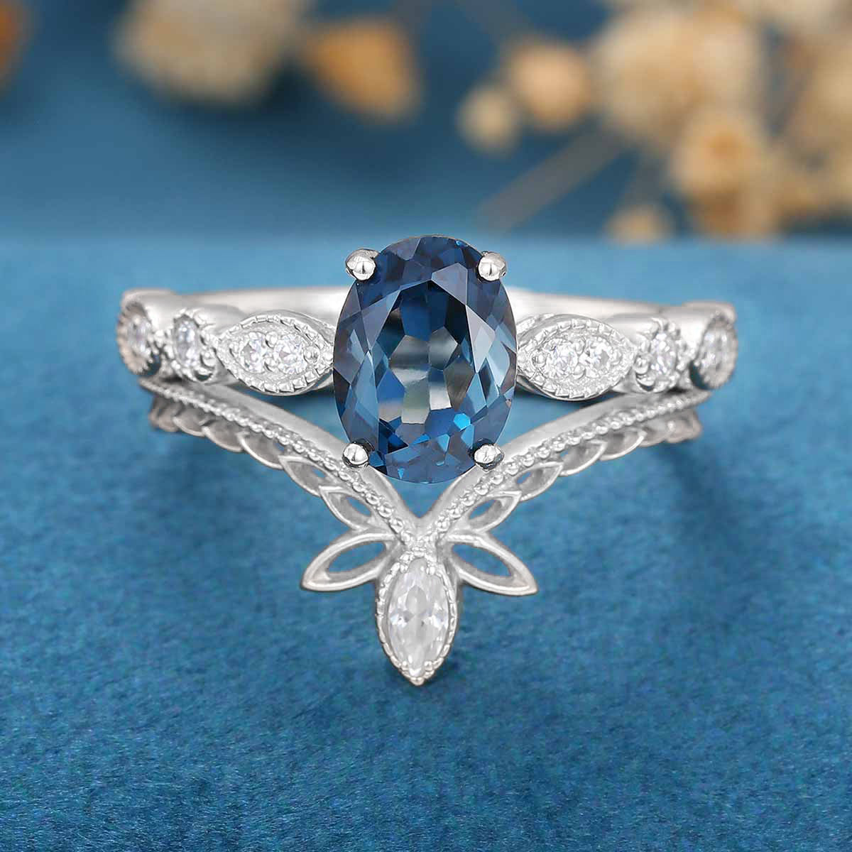 1.6Carat Oval cut London Blue Topaz Engagement ring Bridal Set