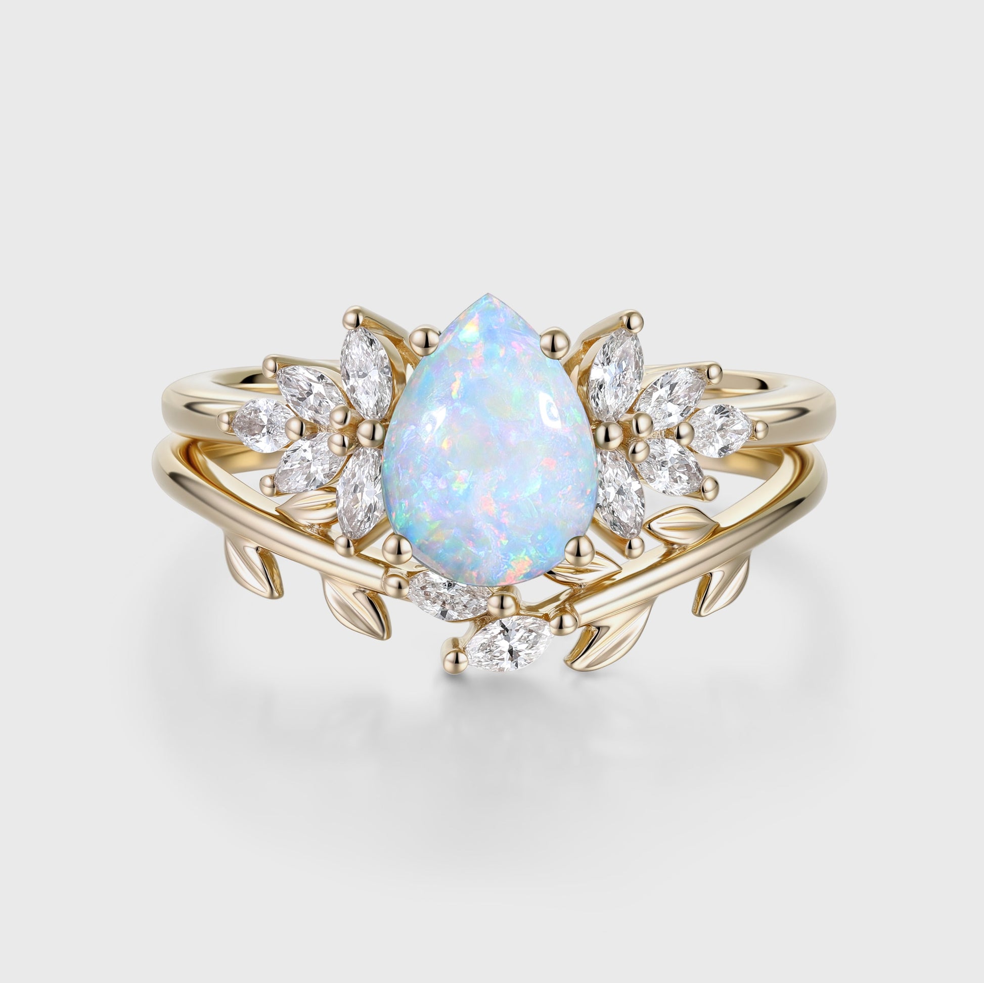 Pear cut Opal Cluster Engagement ring Bridal Set