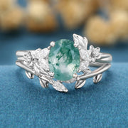 Nature Inspired Oval cut Moss Agate Leaf Gold Ring set (Copy)