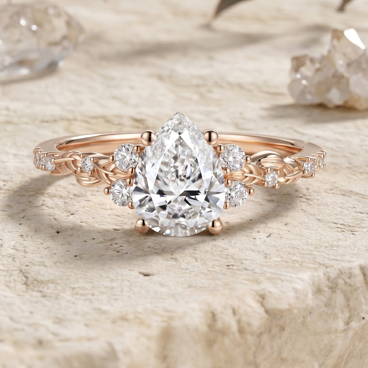 1.0CT~5.0CT Pear cut Lab grown Diamond Luxury Pave Leaf Engagement Ring