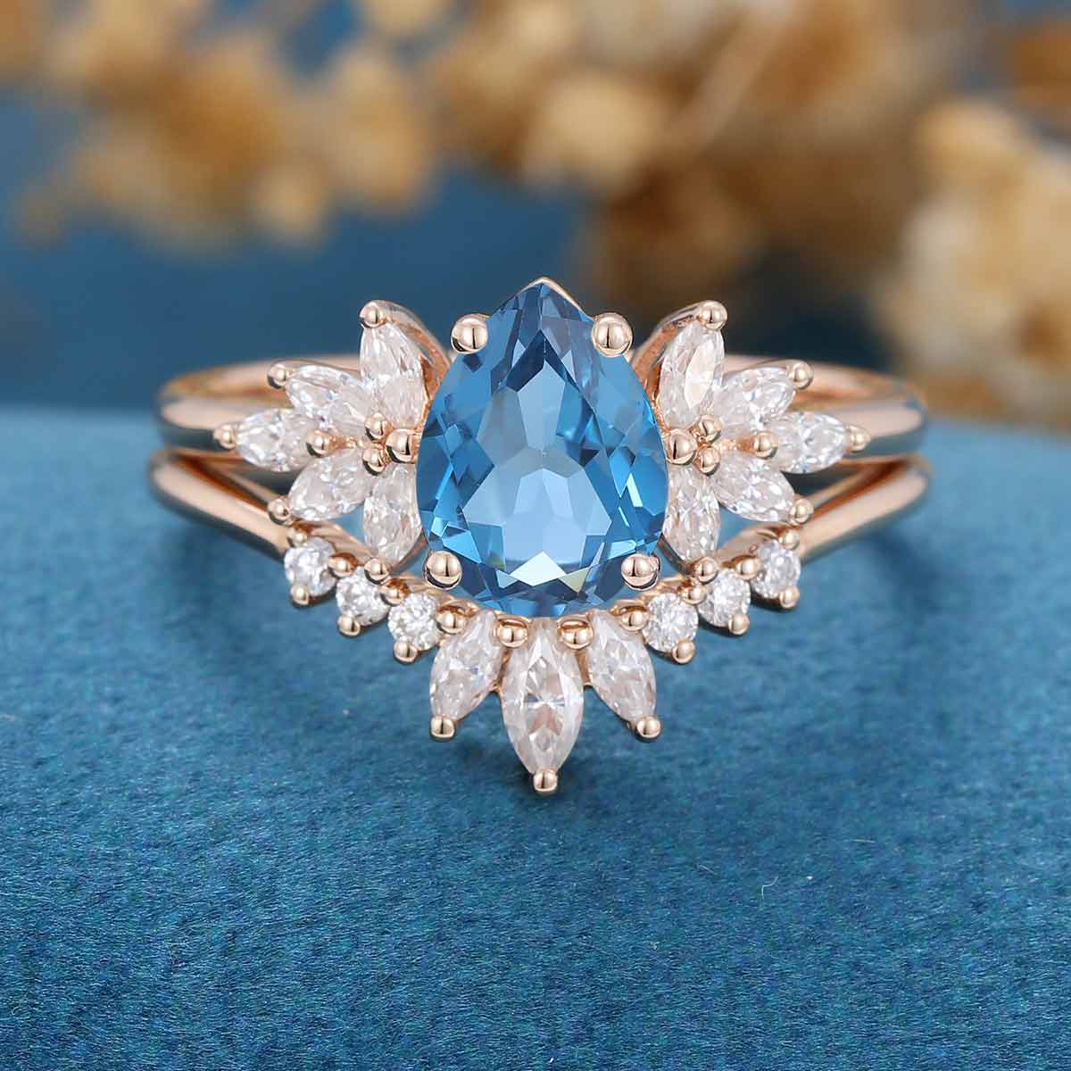 Pear cut London Blue Topaz Cluster Engagement ring Bridal Set 