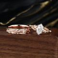 Marquise cut Moissanite Couple Rings | D Color VVS1 | Rose Gold Leaf Wedding Bridal Set