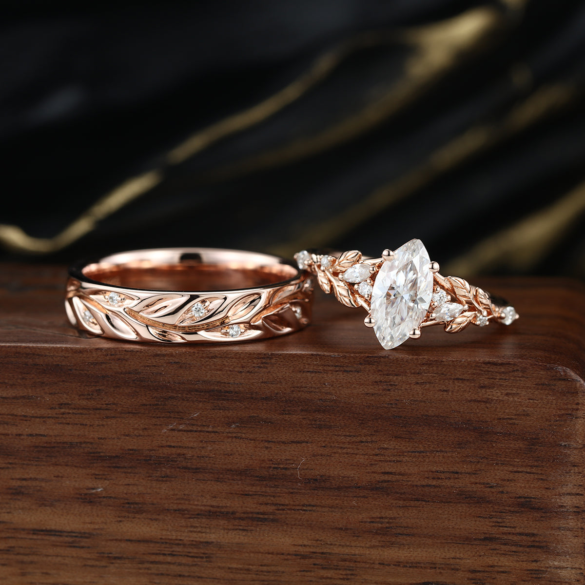 Marquise cut Moissanite Couple Rings | D Color VVS1 | Rose Gold Leaf Wedding Bridal Set