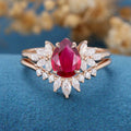 Pear cut Lab Ruby Cluster Engagement ring Bridal Set 