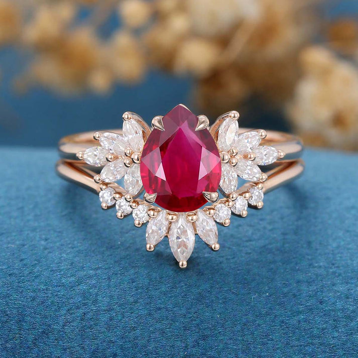 Pear Cut Lab Ruby Cluster Engagement Ring Bridal Set