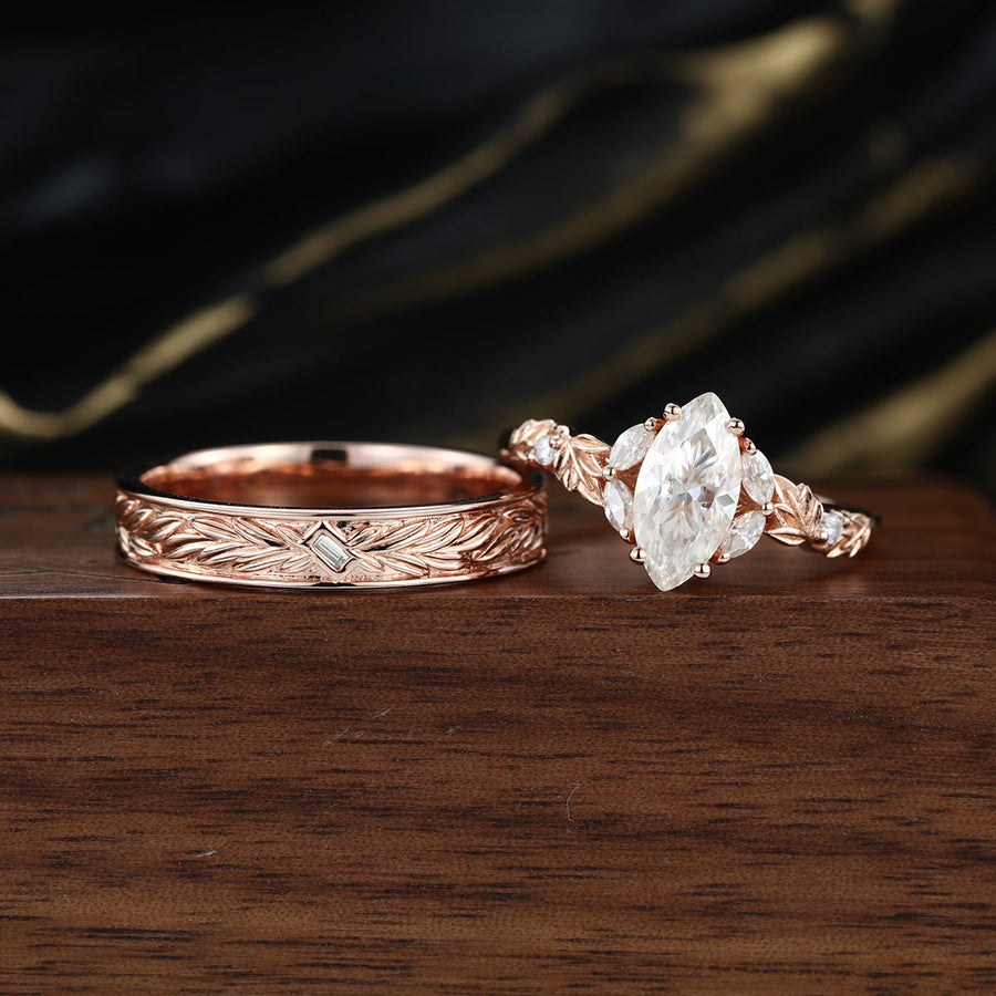 Nature Inspired Moissanite Couple Rings | D Color VS | Rose Gold Leaf Wedding Bridal Set