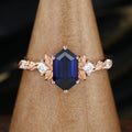 Long Hexagon cut Lab Sapphire + Diamonds Leaf Gold Engagement Ring