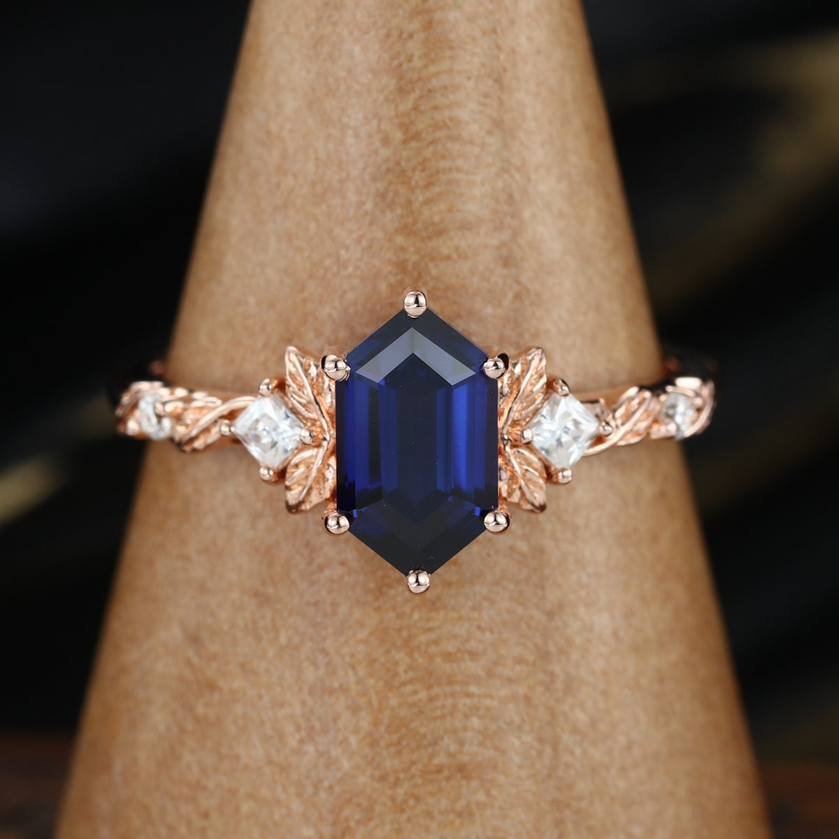 Long Hexagon cut Lab Sapphire + Diamonds Leaf Gold Engagement Ring