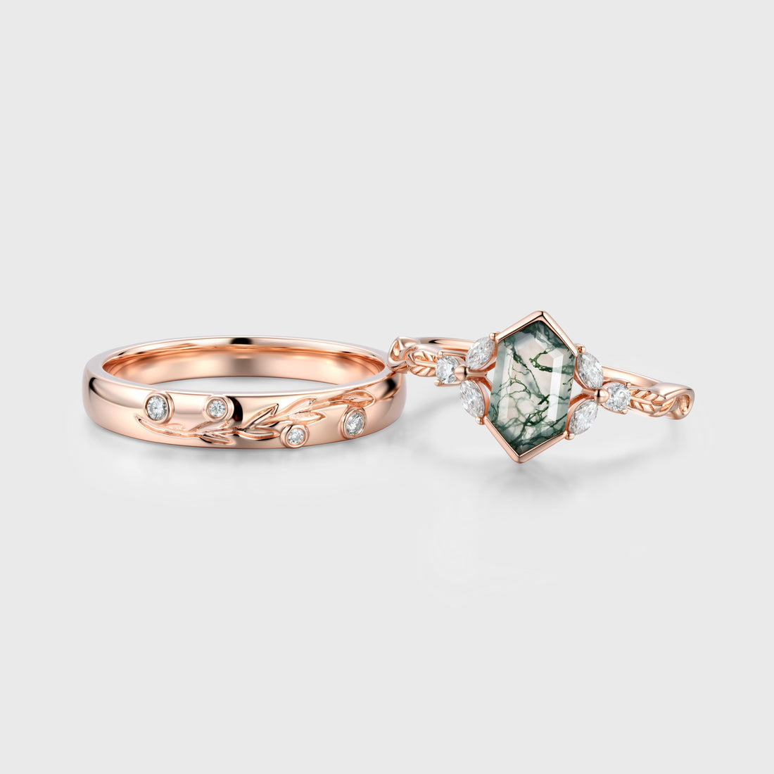 Long Hexagon cut Moss Agate + Diamonds Couple Ring Set His and Hers Wedding Bridal Set