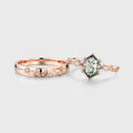 Long Hexagon cut Moss Agate + Diamonds Couple Ring Set His and Hers Wedding Bridal Set