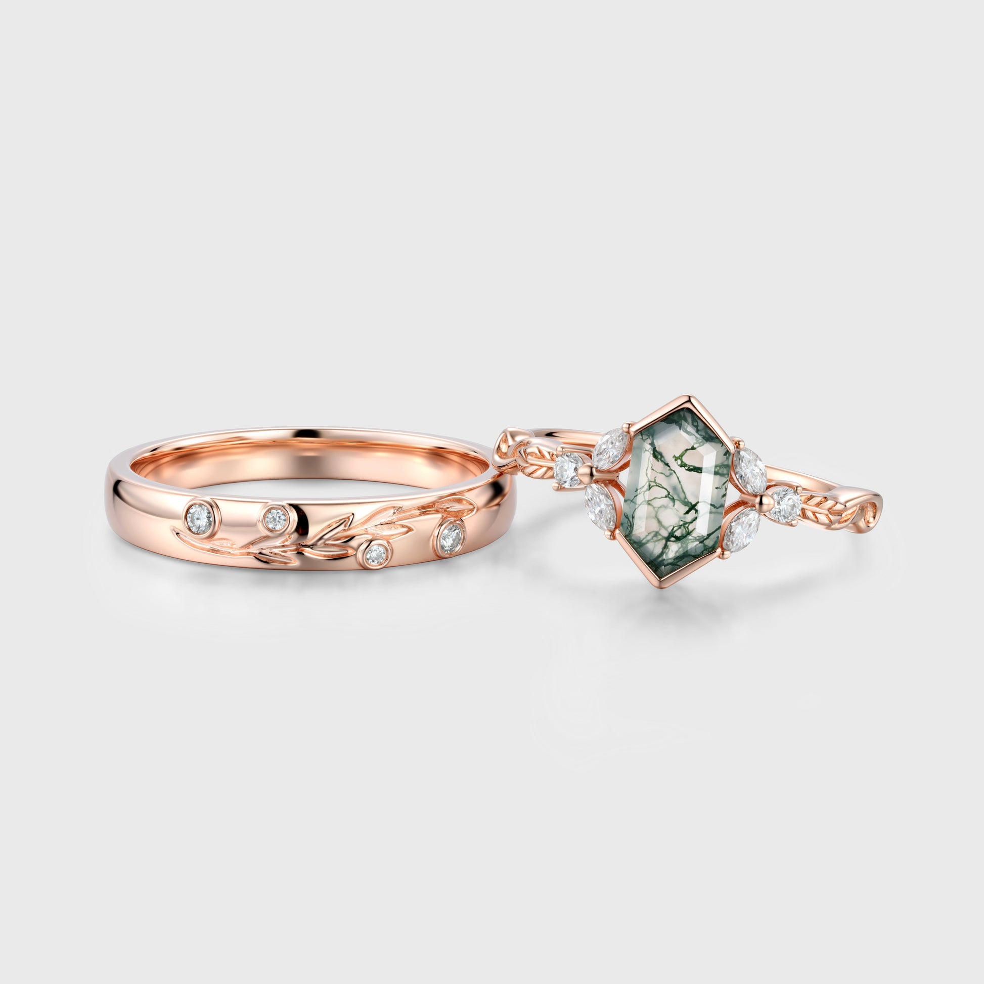Long Hexagon cut Moss Agate + Diamonds Couple Ring Set His and Hers Wedding Bridal Set