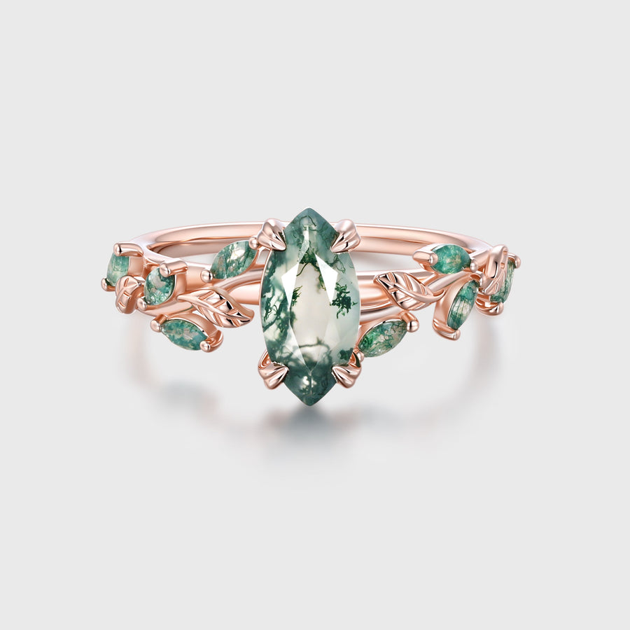 Nature Inspired Marquise cut Moss Agate Solid Gold Engagement Ring