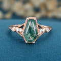 Coffin cut Moss Agate Solid Gold Engagement Ring