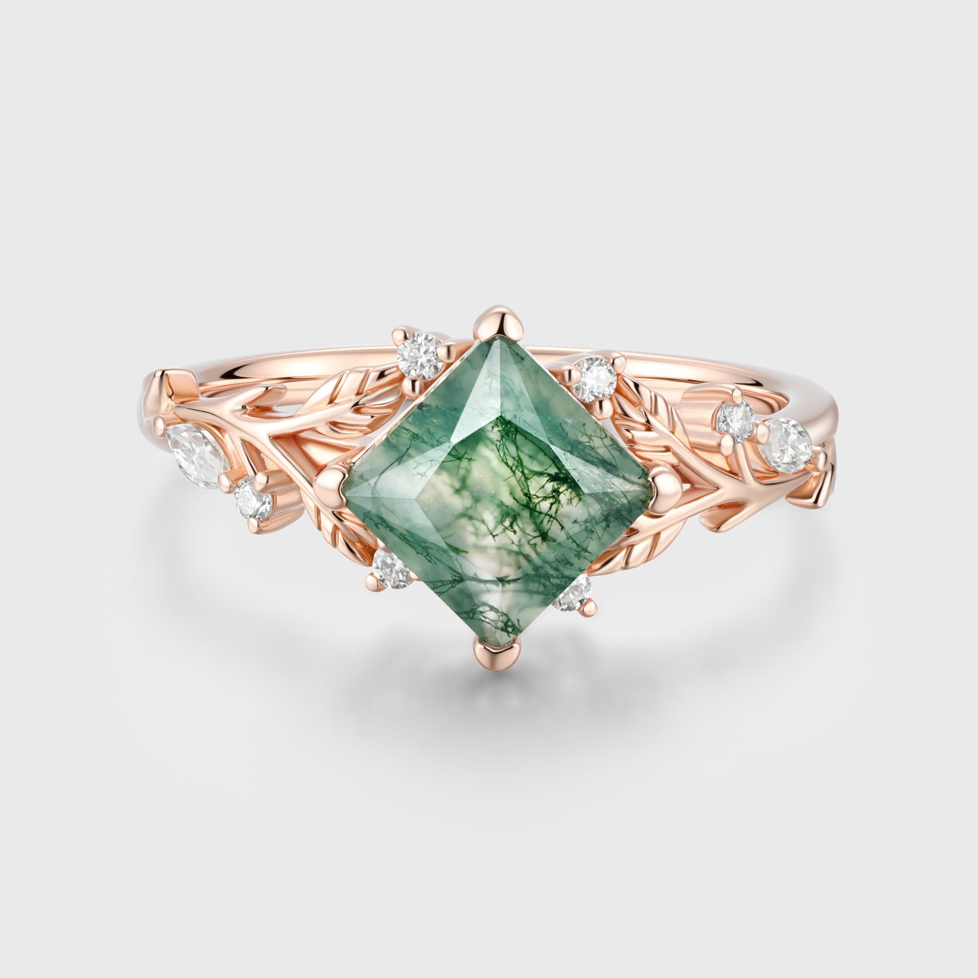 Nature Inspired Princess cut Moss Agate Damonds Leaf Gold Engagement Ring