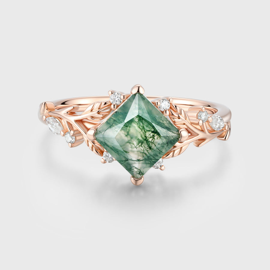 Nature Inspired Princess cut Moss Agate Damonds Leaf Gold Engagement Ring