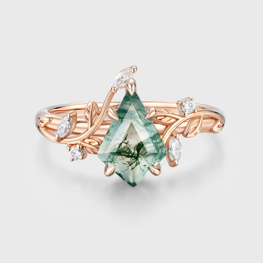 Nature Inspired Kite cut Moss Agate Leaf Gold Engagement Ring