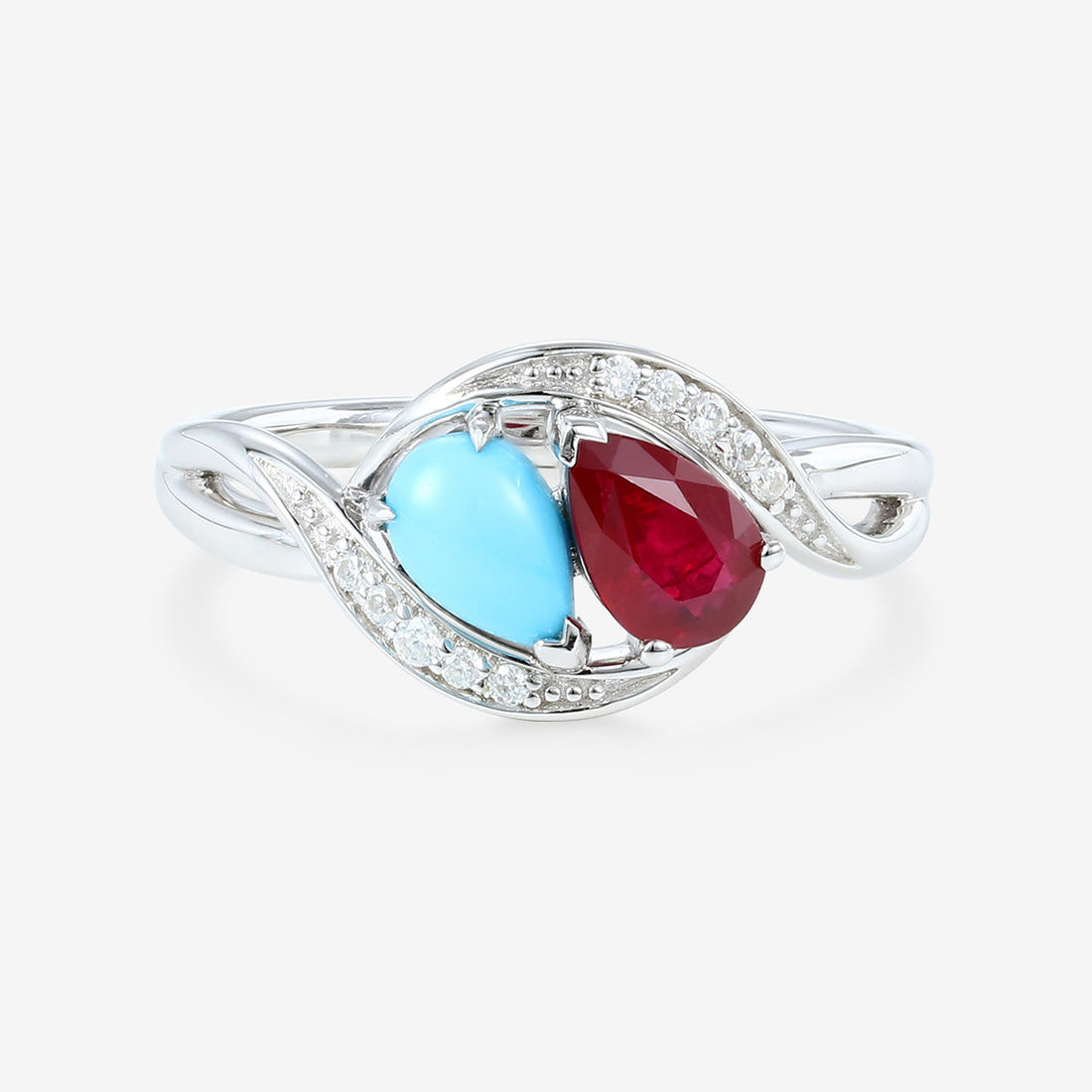 Pear cut Turquoise | Lab grown Ruby Two-Stone White Gold Engagement Ring