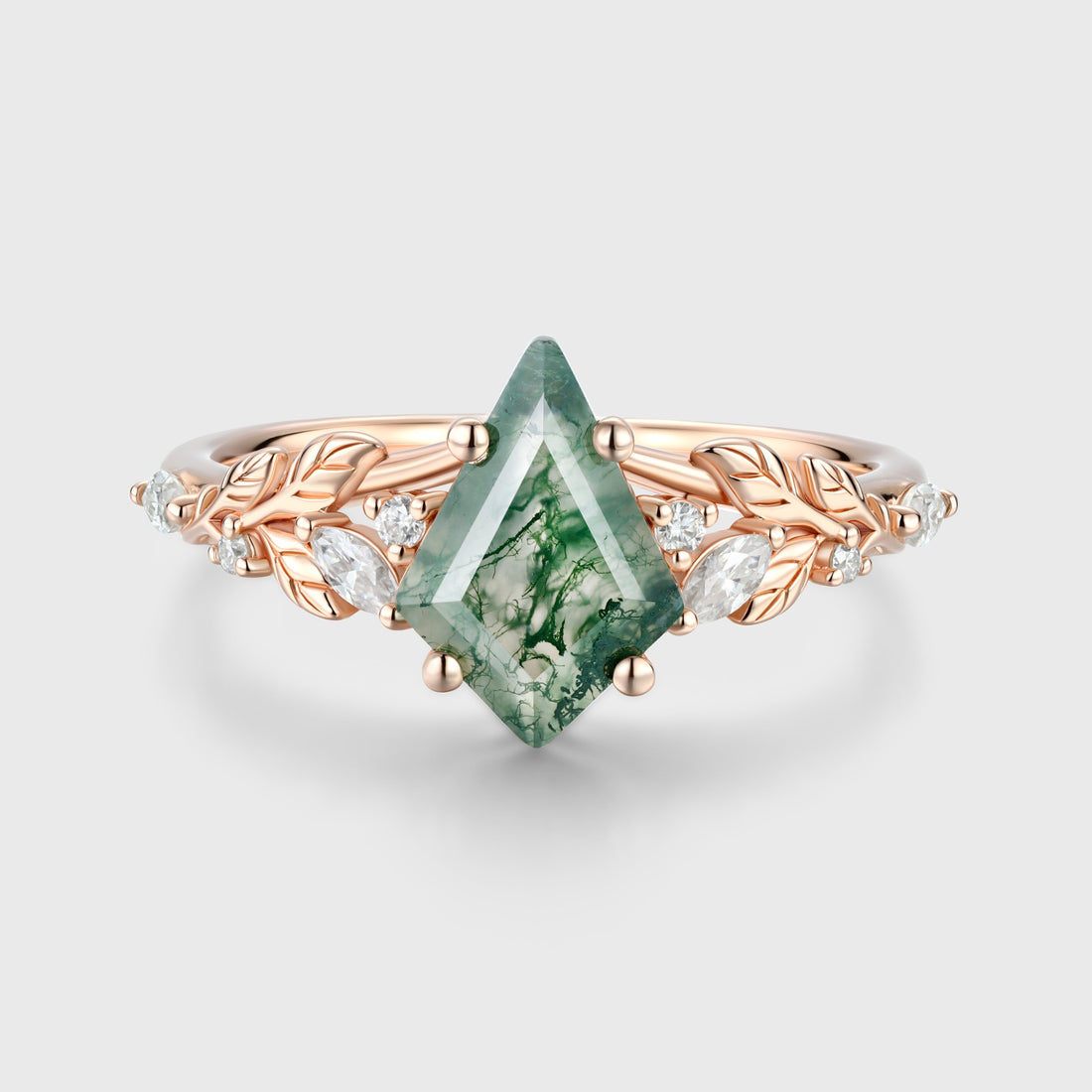 Nature Inspired Kite cut Moss Agate Leaf Gold Engagement Ring