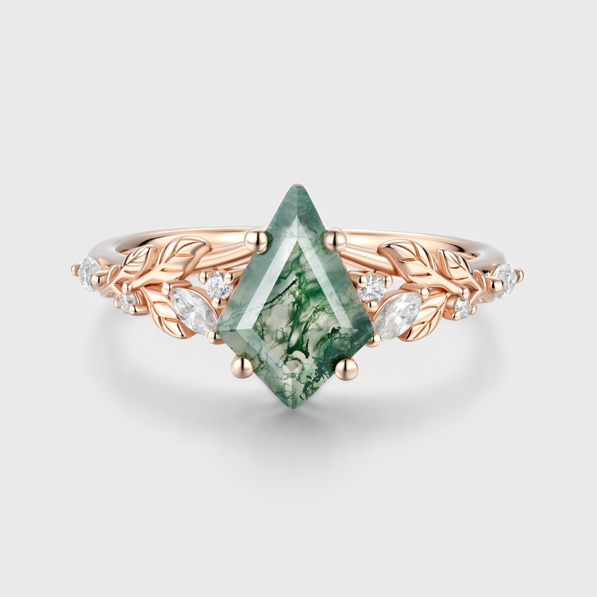 Nature Inspired Kite cut Moss Agate Leaf Gold Engagement Ring