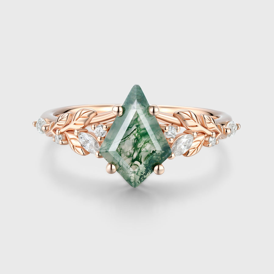 Nature Inspired Kite cut Moss Agate Leaf Gold Engagement Ring