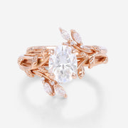 Nature Inspired Oval cut Moissanite Leaf Gold ring set