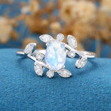 Oval cut Moonstone | Moissanite Cluster Engagement Ring