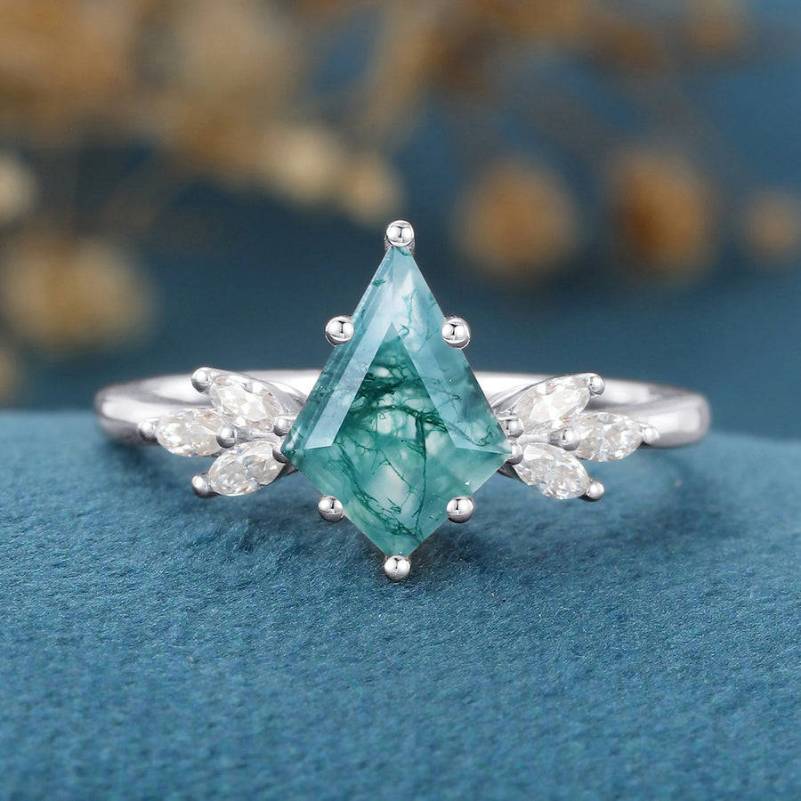 Kite Cut Natural Green Moss Agate Cluster Engagement Ring