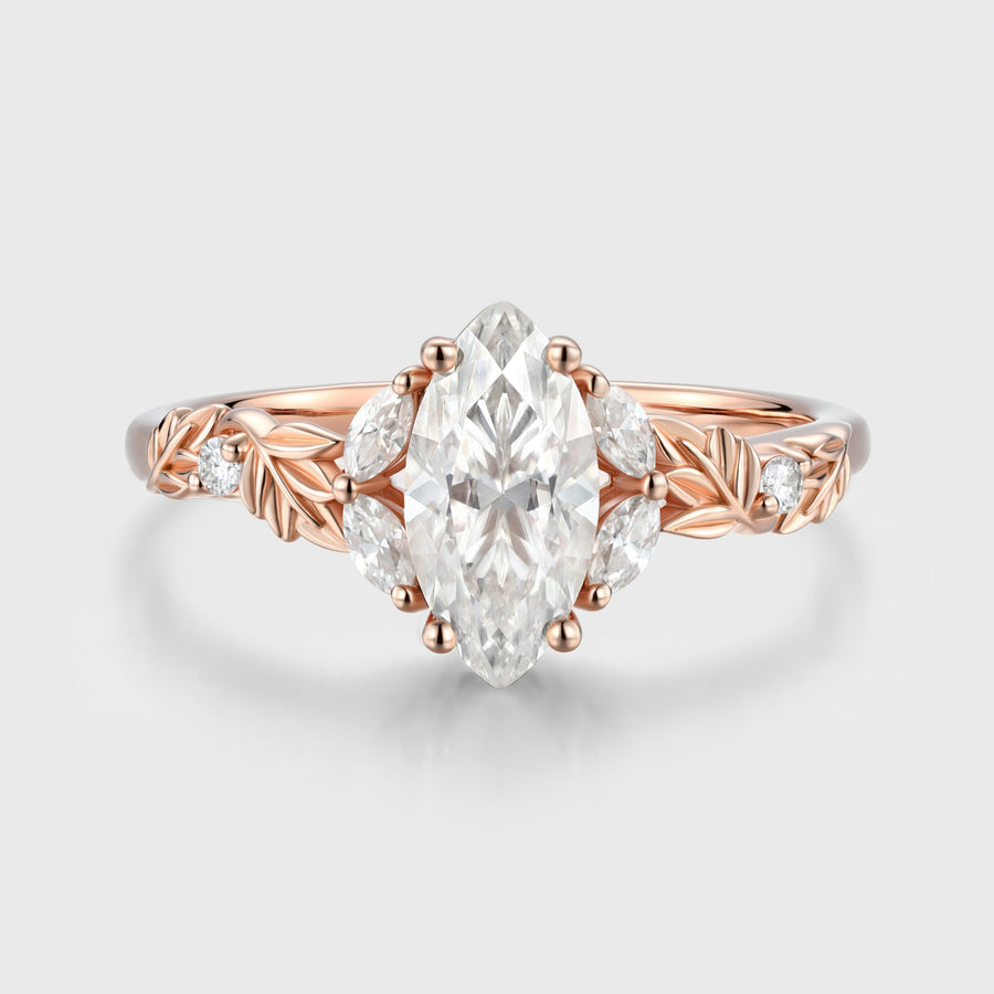 Nature Inspired Marquise cut Moissanite Leaf Gold Engagement Ring