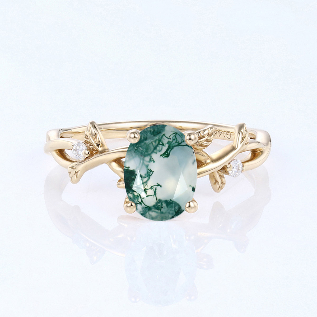 Nature Inspired Oval cut Moss Agate Leaf Gold Engagement Ring