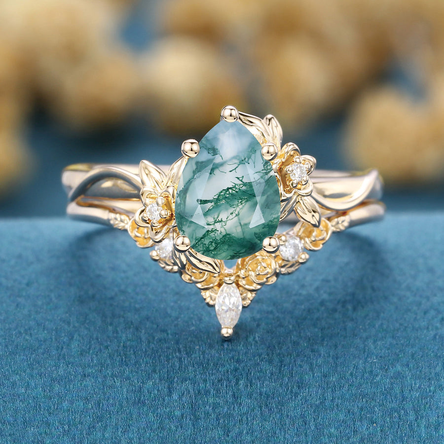 1.2Carat Pear Cut Moss Agate Cluster Engagement ring Bridal Set