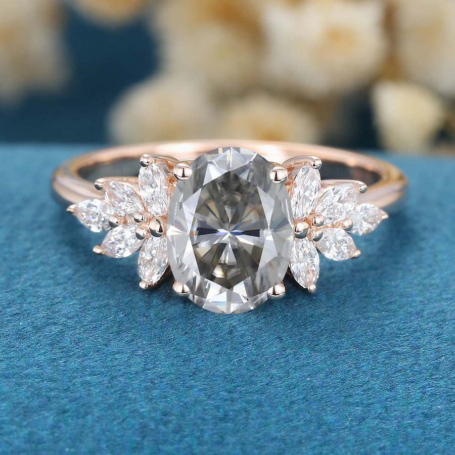 Oval cut Gray Moissanite Cluster Engagement Ring 