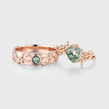 Forever Glow Moss Agate Couple Rings | Rose Gold Leaf Wedding Bridal Set