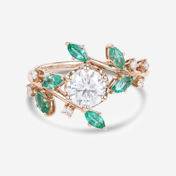 Nature Inspired Round cut Moissanite | Natural Emeralds Gold Engagement Ring