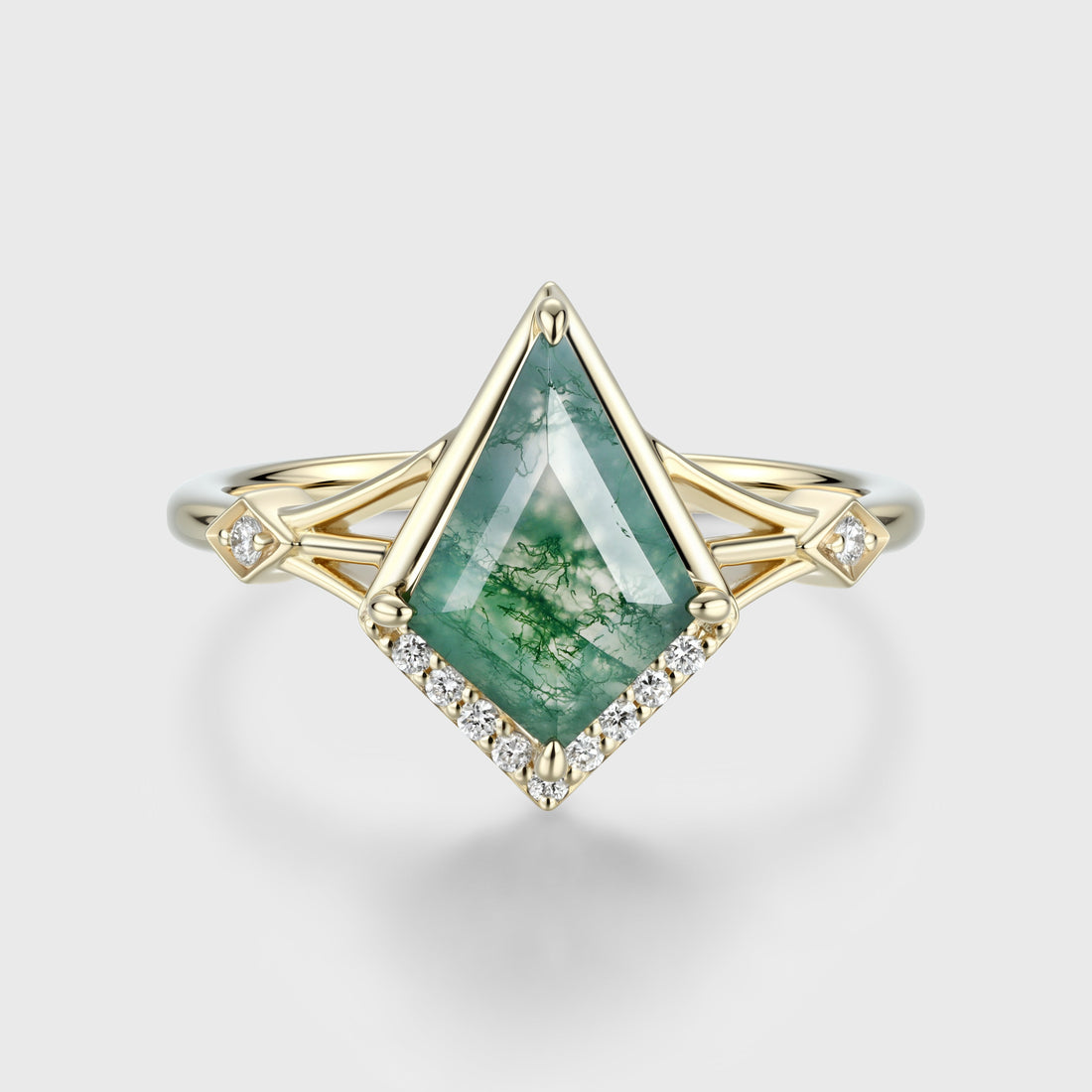 Bezel Set Kite cut Moss Agate Solid Gold Pave Diamonds Engagement Ring