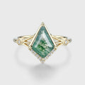 Bezel Set Kite cut Moss Agate Solid Gold Pave Diamonds Engagement Ring