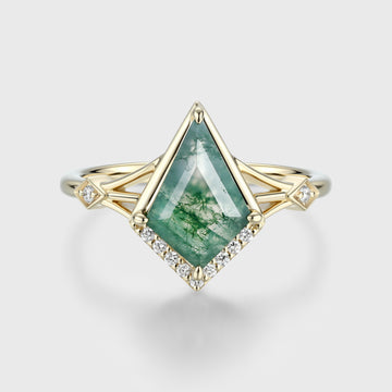 Bezel Set Kite cut Moss Agate Solid Gold Pave Diamonds Engagement Ring