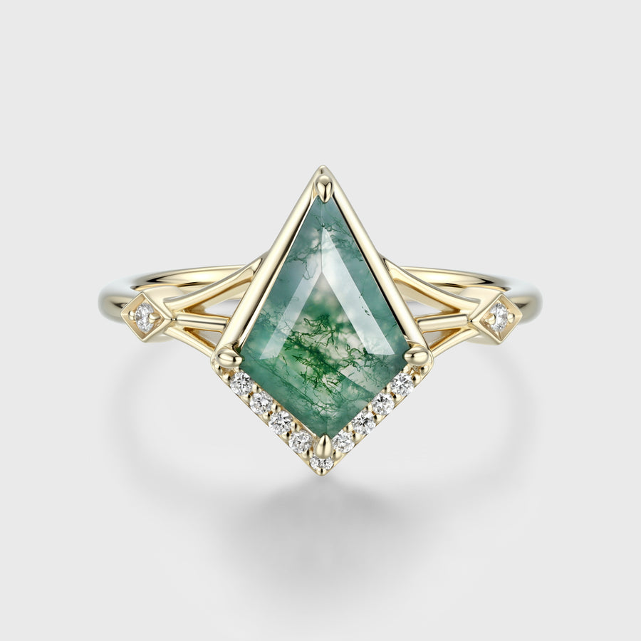 Bezel Set Kite cut Moss Agate Solid Gold Pave Diamonds Engagement Ring