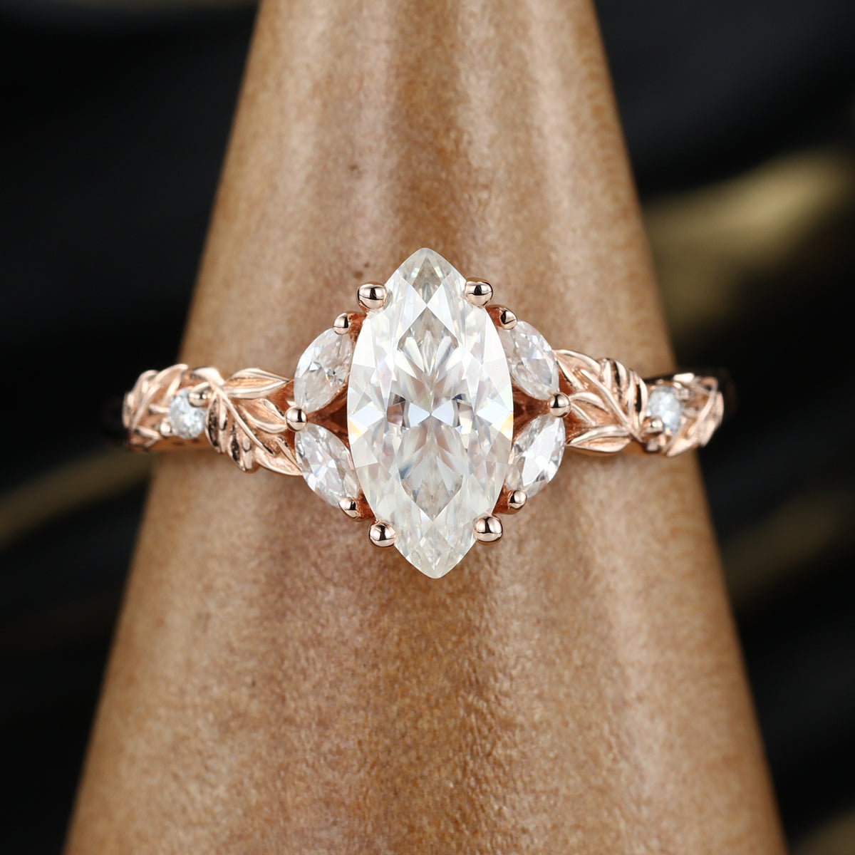Nature Inspired Marquise cut Moissanite Leaf Gold Engagement Ring